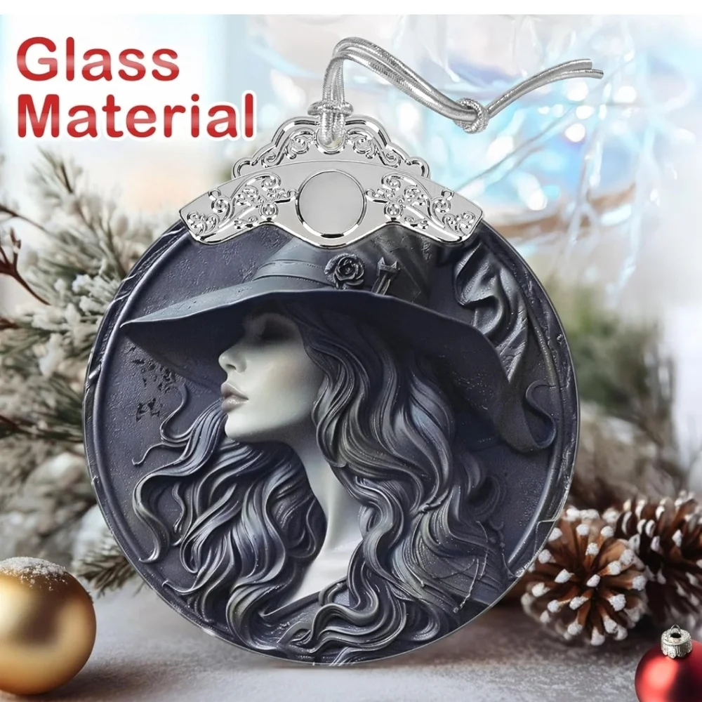 Goth‎ Black and Silver Witch Glass Ornament